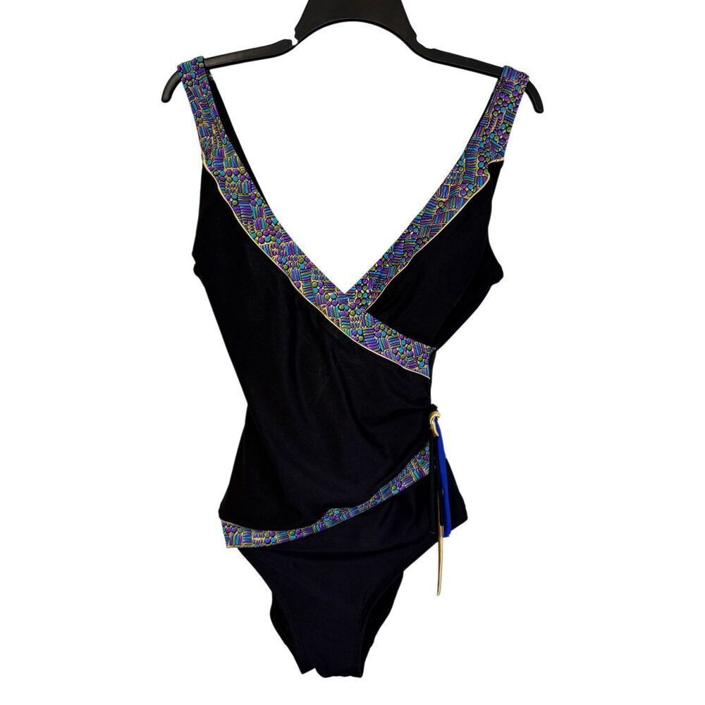 Longitude Black/Multi Wrap Look V-Neck Swimsuit Sz. 12 Flattering Wrap Look